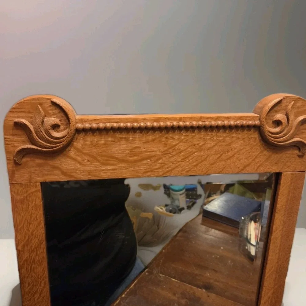 Antique Oak Beveled Wall Mirror Carved Scroll Beaded Trim Victorian c1900